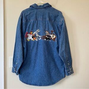 Warner Bros Vintage 1999 Looney Tunes Tug of War Embroidered Denim Shirt Jacket